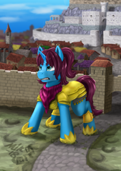 Size: 2894x4093 | Tagged: safe, artist:mik3thestrange, oc, oc only, oc:altus bastion, pony, unicorn, angry, armor, city, clothes, female, giant pony, guardsmare, macro, mare, offscreen character, protecting, royal guard, scarf, solo