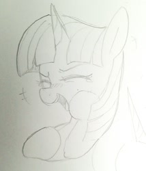 Size: 947x1105 | Tagged: safe, artist:maren, derpibooru import, twilight sparkle, pony, bust, doodle, female, laughing, mare, monochrome, open mouth, solo, traditional art