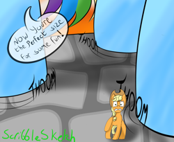 Size: 900x739 | Tagged: safe, artist:scribblessketch, applejack, rainbow dash, earth pony, pegasus, pony, appletini, female, giant pony, giantess, hooves, macro, micro, prank, prank gone wrong, running, running away, scared, shrunk, stomp, stomping, story in the source, story included, tail, tiny, tiny ponies