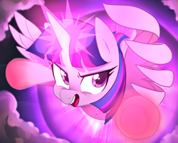 Size: 1600x1286 | Tagged: safe, artist:maren, derpibooru import, twilight sparkle, twilight sparkle (alicorn), alicorn, pony, female, flying, glowing horn, mare, open mouth, smiling, smirk, solo