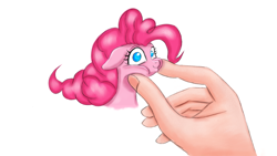 Size: 1024x576 | Tagged: safe, artist:rurihal, pinkie pie, earth pony, human, pony, cute, diapinkes, female, floppy ears, hand, looking at you, mare, micro, ponk, simple background, smiling, smol, solo focus, squish, squishy cheeks, tiny, tiny ponies, white background, wide eyes