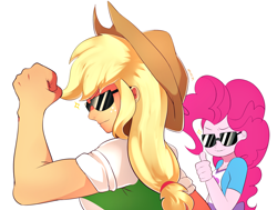 Size: 1600x1209 | Tagged: safe, artist:maren, derpibooru import, applejack, pinkie pie, equestria girls, applejacked, clothes, cowboy hat, duo, freckles, hat, muscles, shirt, simple background, smiling, stetson, sunglasses, thumbs up, white background