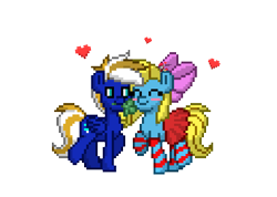 Size: 1200x852 | Tagged: safe, oc, oc only, oc:cuteamena, oc:electric blue, oc:tiny jasmini, earth pony, pegasus, pony, blushing, clothes, cute, electricute, food, happy birthday, heart, love, micro, pixel art, pony town, pudding, ribbon, simple background, socks, striped socks, transparent background