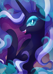 Size: 1500x2092 | Tagged: safe, artist:maren, derpibooru import, idw, nightmare rarity, pony, unicorn, female, looking at you, mare, open mouth, profile, smiling, solo