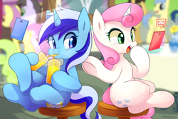 Size: 2374x1590 | Tagged: safe, artist:maren, derpibooru import, blues, caramel, daisy, flower wishes, goldengrape, minuette, noteworthy, parasol, rainbow swoop, sir colton vines iii, spectrum, twinkleshine, pony, unicorn, cellphone, cup, cute, drinking, drinking straw, female, glass, lesbian, levitation, magic, mare, minubetes, open mouth, open smile, phone, shipping, sitting, smartphone, smiling, telekinesis, twinklette