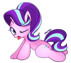 Size: 1449x1279 | Tagged: safe, artist:maren, derpibooru import, starlight glimmer, pony, unicorn, cute, drool, female, glimmerbetes, lying down, mare, one eye closed, open mouth, simple background, solo, tongue out, white background