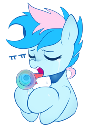 Size: 931x1303 | Tagged: safe, artist:maren, derpibooru import, oc, oc only, oc:blue chewings, pony, candy, crying, food, licking, lollipop, male, simple background, solo, stallion, tongue out