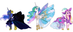 Size: 3531x1552 | Tagged: dead source, safe, artist:matrosha123, princess cadance, princess celestia, princess luna, alicorn, pony, clothes, dress, gala dress, pretty princess, simple background