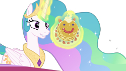 Size: 6000x3375 | Tagged: safe, artist:etherium-apex, derpibooru import, princess celestia, alicorn, pony, a royal problem, .svg available, blueberry, cute, female, food, high res, magic, mare, pancakes, simple background, smiling, solo, strawberry, transparent background, vector, whipped cream