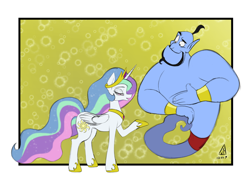 Size: 1024x748 | Tagged: safe, artist:phlar1245, princess celestia, alicorn, pony, aladdin, crossover, disney, genie