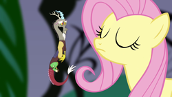 Size: 1280x720 | Tagged: safe, screencap, discord, fluttershy, draconequus, pegasus, pony, princess twilight sparkle (episode), cute, discute, duo, eyes closed, female, floating, male, mare, micro, sad, tiny, tinycord