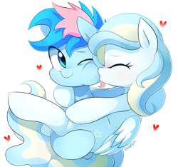 Size: 1600x1500 | Tagged: safe, artist:maren, derpibooru import, oc, oc only, oc:blue chewings, oc:sherbet, pony, couple, cute, eyes closed, female, kissing, male, mare, oc x oc, ocbetes, shipping, simple background, smiling, stallion, straight, white background