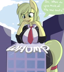Size: 3250x3652 | Tagged: safe, artist:mrrowboat, oc, oc:sequoia, anthro, breast rest, breasts, building, city, clothes, descriptive noise, dialogue, female, giantess, heart, heart eyes, looking down, macro, open mouth, skirt, wingding eyes
