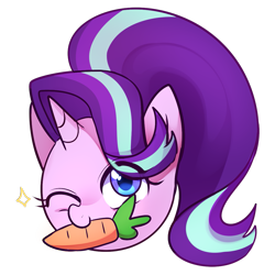 Size: 1159x1161 | Tagged: safe, artist:maren, derpibooru import, starlight glimmer, unicorn, carrot, female, food, horn, mare, one eye closed, simple background, solo, wink