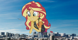 Size: 1374x709 | Tagged: source needed, safe, artist:kyleakersxd, sunset shimmer, equestria girls, equestria girls series, city, female, geode of empathy, giantess, macro, smiling