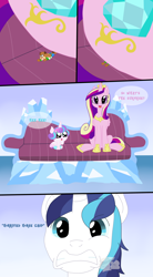 Size: 1650x3000 | Tagged: safe, artist:kunoichipikachu, princess cadance, princess flurry heart, shining armor, oc, oc:tibtep, alicorn, pony, unicorn, a royal throne, anime face, butt crush, comic, cute, descriptive noise, horse noises, lovebutt, macro/micro, micro, plot, shocked, sitting, sofa, unaware, worried