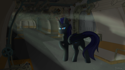 Size: 6114x3456 | Tagged: safe, artist:thelagplayer, oc, pony, fallout equestria, crepuscular rays, dark room, fallout, illustration, mare, mutant, mutant pony, radioactive, scenery porn, solo, vault