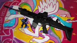 Size: 4320x2432 | Tagged: safe, nightmare moon, princess celestia, eotech, fn scar, gun, irl, meta, my little arsenal, photo, toy