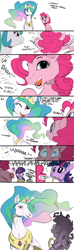 Size: 640x2160 | Tagged: safe, artist:elslowmo, artist:sunibee, color edit, edit, pinkie pie, princess celestia, spike, twilight sparkle, alicorn, dragon, earth pony, pony, unicorn, aaaaaaaaaa, bet you can't make a face crazier than this, colored, comic, crown, dialogue, dropping, eye contact, female, funny, g3 faic, hoers, horn, jewelry, looking at each other, magic, mare, mouth hold, nightmare fuel, open mouth, peytral, pinkie blind, realistic, regalia, shocked