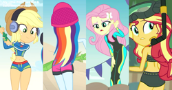 Size: 3914x2048 | Tagged: safe, screencap, applejack, fluttershy, rainbow dash, sunset shimmer, aww... baby turtles, better together, equestria girls, lost and found, too hot to handle, unsolved selfie mysteries, adorasexy, beach, belly button, bikini, clothes, cropped, cute, diving goggles, female, geode of super strength, headphones, hips, jackabetes, looking back, midriff, rainbutt dash, rear view, sexy, shimmerbetes, shorts, shovel, shyabetes, snorkel, solo, swimming trunks, swimsuit, thigh gap, thighs