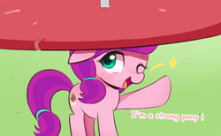 Size: 1500x921 | Tagged: safe, artist:maren, derpibooru import, lily longsocks, earth pony, pony, adorasocks, balancing, blushing, captain obvious, cute, dialogue, female, filly, floppy ears, hnnng, looking at you, looking up, one eye closed, open mouth, raised hoof, smiling, solo, stars, strong, super strength, sweet dreams fuel, truth, wink
