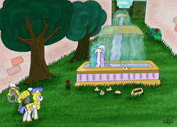 Size: 2114x1518 | Tagged: safe, artist:dalilastar, princess celestia, alicorn, pegasus, pony, unicorn, :d, armor, bath, cute, cutelestia, eyes closed, facehoof, female, floppy ears, fountain, grass, gritted teeth, happy, hoof shoes, jewelry, male, mare, missing accessory, open mouth, pegasus royal guard, peytral, plot, royal guard, silly, silly pony, stallion, surprised, tiara, tree, unamused, unicorn royal guard, wet, wet mane, wide eyes