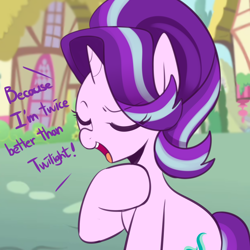 Size: 1500x1500 | Tagged: safe, artist:maren, derpibooru import, starlight glimmer, pony, unicorn, ask glim glam, dialogue, eyes closed, female, grammar error, mare, ponyville, smiling, solo