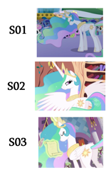 Size: 613x981 | Tagged: safe, edit, edited screencap, screencap, minuette, princess celestia, alicorn, pony, season 1, season 2, season 3, butt, comparison, cropped, ethereal mane, female, mare, meme, meta, plot, sunbutt, text