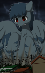 Size: 2000x3200 | Tagged: safe, artist:rockfannel, oc, oc only, oc:stormhawk, pegasus, pony, building, destruction, giant pony, house, macro, neighborhood, red eyes, solo