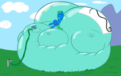 Size: 3500x2200 | Tagged: safe, artist:wydart, oc, oc only, oc:interrobang, oc:linework, belly, belly bed, hose, huge butt, impossibly large belly, impossibly large butt, inflation, large butt, water inflation