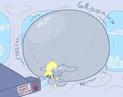 Size: 1900x1500 | Tagged: safe, artist:wydart, derpy hooves, belly, cloud, cloud inflation, impossibly large belly, inflation, solo