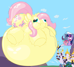 Size: 9500x8700 | Tagged: safe, artist:wydart, fluttershy, pinkie pie, twilight sparkle, twilight sparkle (alicorn), alicorn, earth pony, pegasus, pony, absurd resolution, belly, canterlot, floating, hose, huge butt, impossibly large belly, impossibly large butt, inflated hair, inflated head, inflated tail, inflated wings, inflation, large butt