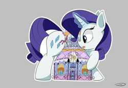 Size: 3758x2589 | Tagged: safe, artist:taurson, rarity, pony, unicorn, carousel boutique, female, giant pony, gray background, high res, levitation, licking, licking lips, macro, magic, mannequin, raised hoof, simple background, solo, telekinesis, tongue out