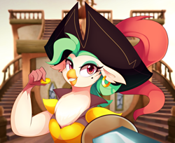 Size: 4404x3596 | Tagged: safe, artist:maren, derpibooru import, captain celaeno, anthro, bird, my little pony: the movie, absurd resolution, beauty mark, clothes, ear piercing, earring, hat, jewelry, looking at you, piercing, pirate hat, smiling, solo, sword, weapon
