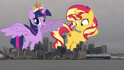 Size: 4128x2322 | Tagged: safe, artist:famousmari5, sunset shimmer, twilight sparkle, twilight sparkle (alicorn), alicorn, pony, unicorn, auckland, big crown thingy, city, female, giant pony, giant/macro sunset shimmer, highrise ponies, irl, macro, mare, mega twilight sparkle, new zealand, photo, ponies in real life, regalia, smiling