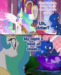 Size: 1280x1558 | Tagged: safe, edit, edited screencap, screencap, princess celestia, princess luna, alicorn, pony, the crystal empire, annoyed, canterlot throne room, comic, dialogue, ethereal mane, female, heart black as night, luna is not amused, mare, poor word choice, starry mane, unamused