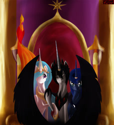 Size: 900x982 | Tagged: safe, artist:dragk, philomena, princess celestia, princess luna, oc, oc:dragk, alicorn, pony, canon x oc, dragkestia, dragkuna, female, harem, horn ring, male, polygamy, self insert, shipping, straight