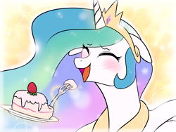 Size: 1600x1200 | Tagged: safe, artist:carykaiba, princess celestia, alicorn, pony, blushing, cake, cakelestia, cute, cutelestia, eyes closed, floppy ears, happy, magic, open mouth, smiling, solo, sparkles, strawberry cake, telekinesis