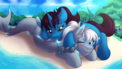 Size: 3840x2160 | Tagged: safe, artist:sugaryviolet, oc, oc only, oc:altus bastion, oc:lacera viscera, oc:lucent, original species, shark pony, unicorn, adorable face, beach, bioluminescent, blushing, boop, cuddling, cute, female, glow, grin, happy, lying down, macro, male, mare, ocean, palm tree, ponytail, signature, smiling, stallion, tickling, tongue out, tooth, tree, tropical