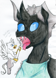 Size: 1234x1730 | Tagged: safe, artist:twisted-sketch, oc, oc only, oc:der, oc:evening breeze, changeling, griffon, dental hygiene, dentist, duo, male, micro, open mouth, piercing, traditional art