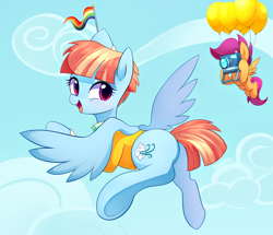 Size: 2014x1736 | Tagged: safe, artist:maren, derpibooru import, scootaloo, windy whistles, pegasus, pony, balloon, camera, clothes, cloud, cute, duo, female, filly, flag, floating, freckles, looking back, mare, mother, plot, rainbow flag, scootaloo can fly, shirt, smiling, spread wings, underhoof, windybetes, wings