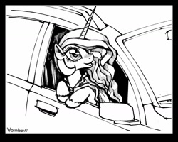 Size: 1280x1026 | Tagged: safe, artist:vombavr, princess celestia, alicorn, pony, car, lineart, solo