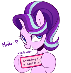 Size: 1428x1474 | Tagged: safe, artist:maren, derpibooru import, edit, starlight glimmer, pony, unicorn, bronybait, female, grin, hair over one eye, hoof hold, implied straight, lonely, looking at you, male, sign, single, smiling, straight