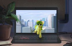 Size: 2742x1779 | Tagged: safe, artist:graypillow, oc, oc:lemon drop, building, city, cityscape, computer, computer mouse, laptop computer, macro, micro, pencil, portal, potted plant, road, solo