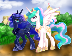 Size: 900x703 | Tagged: safe, artist:xnightmelody, princess celestia, princess luna, alicorn, pony, duo, sisters