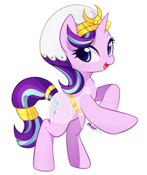 Size: 2289x2709 | Tagged: safe, artist:maren, derpibooru import, starlight glimmer, pony, unicorn, clothes, clothes swap, cute, egyptian, female, glimmerbetes, high res, mare, open mouth, open smile, signature, simple background, smiling, solo, white background