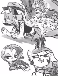 Size: 1270x1650 | Tagged: dead source, safe, artist:tess, princess celestia, rarity, twilight sparkle, dragon, humanized, monochrome