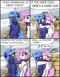 Size: 1862x2383 | Tagged: safe, artist:ciriliko, princess celestia, princess luna, alicorn, pony, ..., blushing, cewestia, clothes, cold, comic, creeper, cute, engrish, eyes closed, female, filly, grammar error, hug, laughing, looking away, park bench, pink-mane celestia, pushing, scarf, shivering, sitting, snow, speed lines, surprised, tsundere, tsunderuna, woona, younger, zas