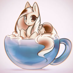 Size: 1210x1210 | Tagged: safe, artist:mirroredsea, fluttershy, pegasus, pony, cappuccino, cup, cup of pony, female, looking at you, mare, micro, partial color, smiling, solo