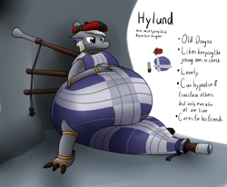 Size: 2750x2269 | Tagged: safe, artist:the-furry-railfan, oc, oc only, oc:hylund, dragon, original species, bagpipe dragon, bagpipes, belly, cave, hat, impossibly large belly, inflation, plaid, reference sheet, tam o' shanter, tartan